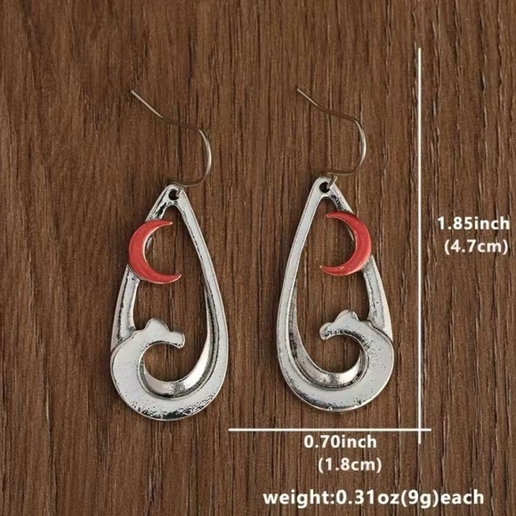 Tibetian Silver Bohemian Ocean Waves & Red Crescent Moon Tear Drop Earrings - Picture 6 of 6